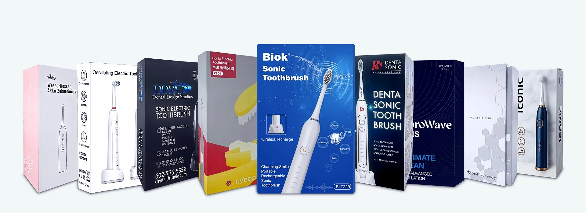 Successful Projects 9 A diverse collection of custom-designed, premium retail packaging boxes for various electric toothbrush brands, highlighting versatile design options.