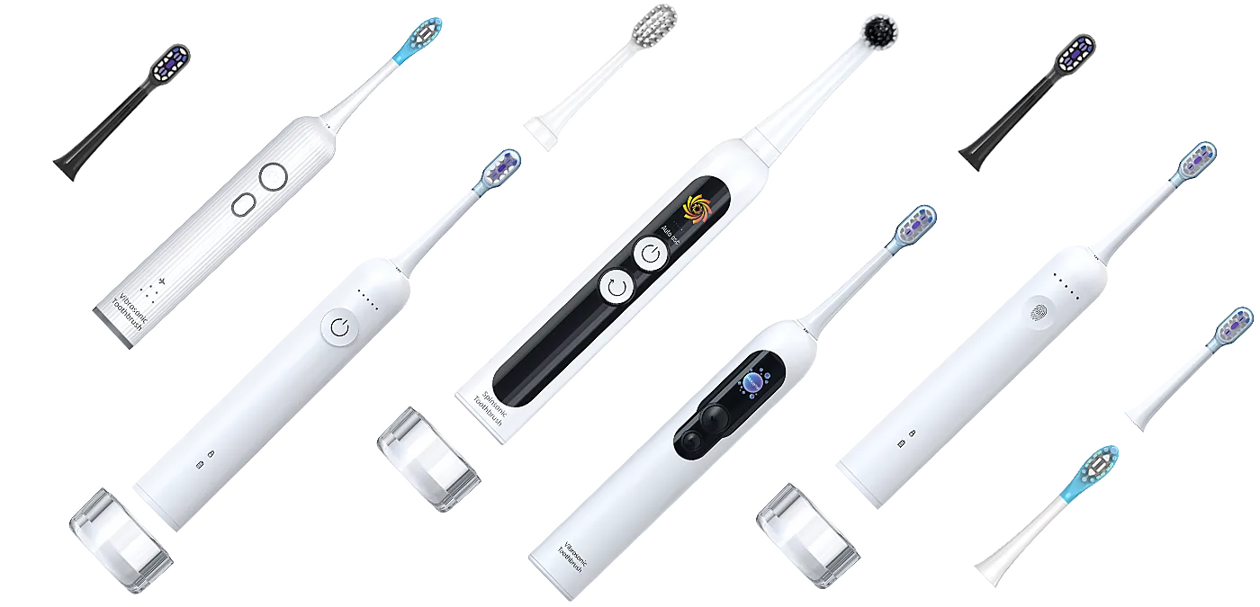Home 22 A diverse lineup of five customizable smart sonic electric toothbrushes with color-coded bodies, featuring integrated smart screens for mode selection.