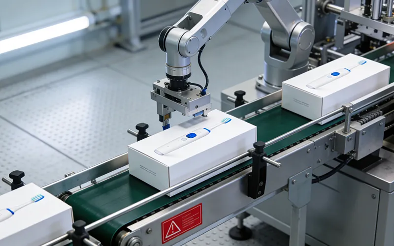 Custom Packaging 10 Automated robotic arm assembling electric toothbrushes into retail-ready packaging on an ISO-certified factory conveyor belt.