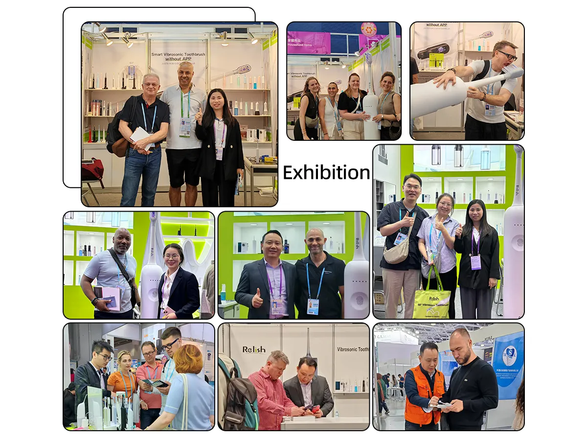 Clients Reviews 1 Collage of international clients and brand owners at a global oral care exhibition, celebrating successful long-term partnerships with the Relish team.