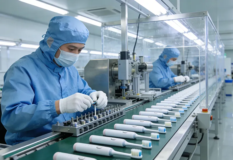 Sustainable Development 11 Cleanroom workers and robotic machinery assembling electric toothbrushes, conducting strict quality control and IPX7 waterproof verification.