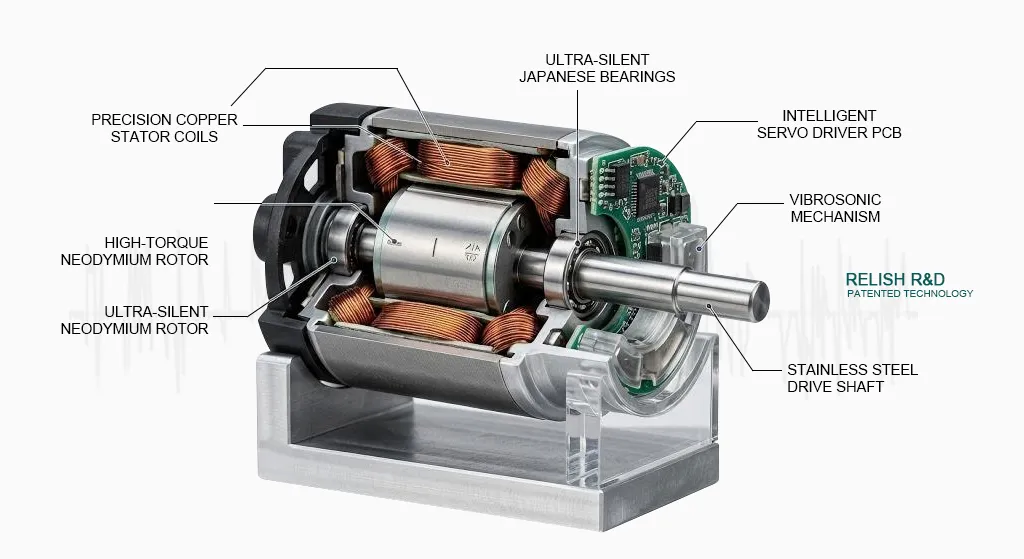 R&D Capabilities 6 Cross-section of an advanced electric toothbrush motor design featuring a high-torque neodymium rotor, intelligent servo driver PCB, and patented vibrosonic mechanism.