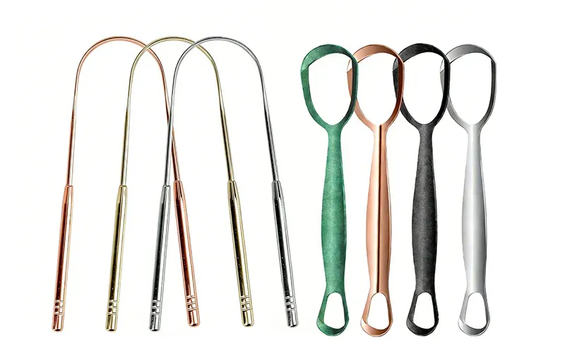 Home 9 Premium stainless-steel custom tongue scrapers, ideal for comprehensive oral hygiene kits with custom branding.