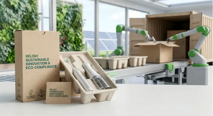 Custom Packaging 11 Sustainable electric toothbrush packaging setup featuring FSC-certified materials, soy-based inks, and plastic-free paper inserts, loaded by robotic arms.