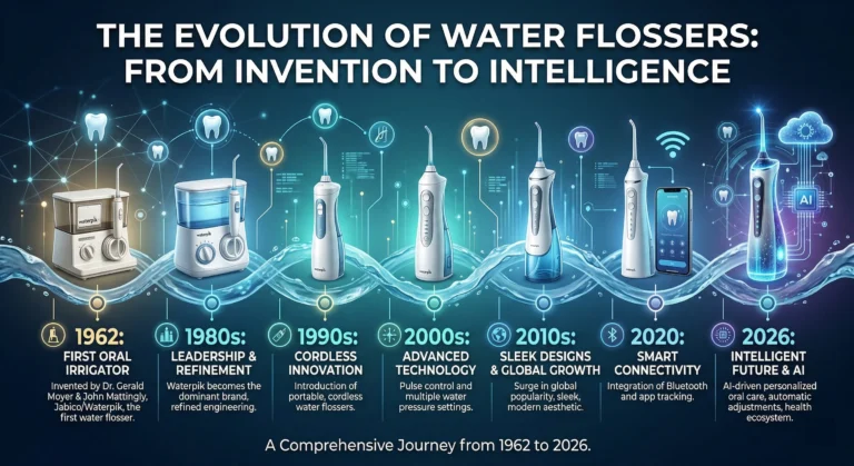 La Storia Completa dell'Idropulsore: Dal 1962 al 2026 47 Un'infografica intitolata 'The Evolution of Water Flossers' (L'evoluzione del filo interdentale) illustra la progressione tecnologica dal primo irrigatore orale del 1962 ai modelli intelligenti guidati dall'intelligenza artificiale del 2026, lungo un grafico di acqua corrente.
