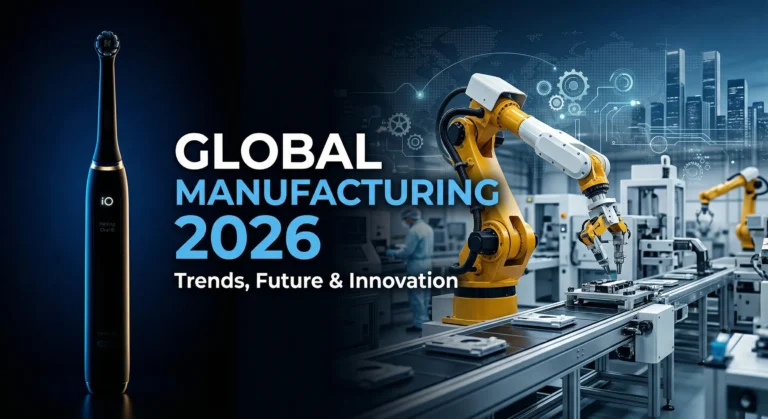 Dove Sono Prodotti gli Spazzolini Oral-B nel 2026? 49 Uno spazzolino elettrico Oral-B iO nero accanto a una linea di assemblaggio robotica avanzata, che illustra le tendenze produttive globali del 2026