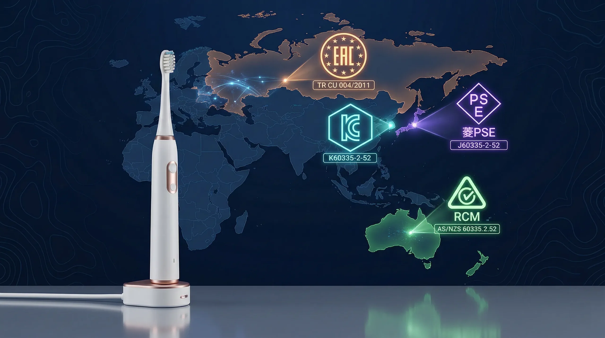 Certifications Guide for Electric Toothbrush OEM: CE, FDA, FCC & More (2026) 8 asia pacific certifications pse kc eac rcm electric toothbrush scaled