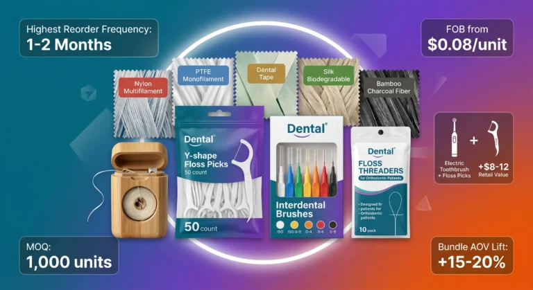 Guida 2026 alla produzione OEM e al marchio privato di filo interdentale e prodotti interdentali. Quattro categorie di prodotti: Filo interdentale (nylon/PTFE/seta/carbone di bambù, FOB $0,20-0,80/confezione, MOQ 1.000-5.000, prezzo al dettaglio $2,50-8,99), Stuzzicadenti a forma di Y (FOB $0,08-0,25/pezzo, MOQ 1.000-3.000 confezioni, prezzo al dettaglio $4,99-12,99), Spazzolini interdentali (misure ISO 0-9, FOB $0,25-0,80/spazzolino, MOQ 1.000-2.000 confezioni, prezzo al dettaglio $4,99-14,99), Infilatori per filo interdentale (pazienti ortodontici, FOB $0,05-0,15, MOQ 2.000-5.000). Cinque materiali per il filo interdentale: multifilamento in nylon, monofilamento in PTFE, nastro dentale, seta biodegradabile, fibra di carbone di bambù. La frequenza di riordino più elevata nel settore dell’igiene orale (1-2 mesi). Strategia di vendita in bundle: lo spazzolino elettrico abbinato agli infiladenti aggiunge un valore al dettaglio di $8-12 a un costo di produzione (COGS) di $1,50-3,00, con un aumento del valore medio dell’ordine (AOV) del 15-20%. Esente dalla Class I della FDA, Classe I dell’MDR dell’UE.