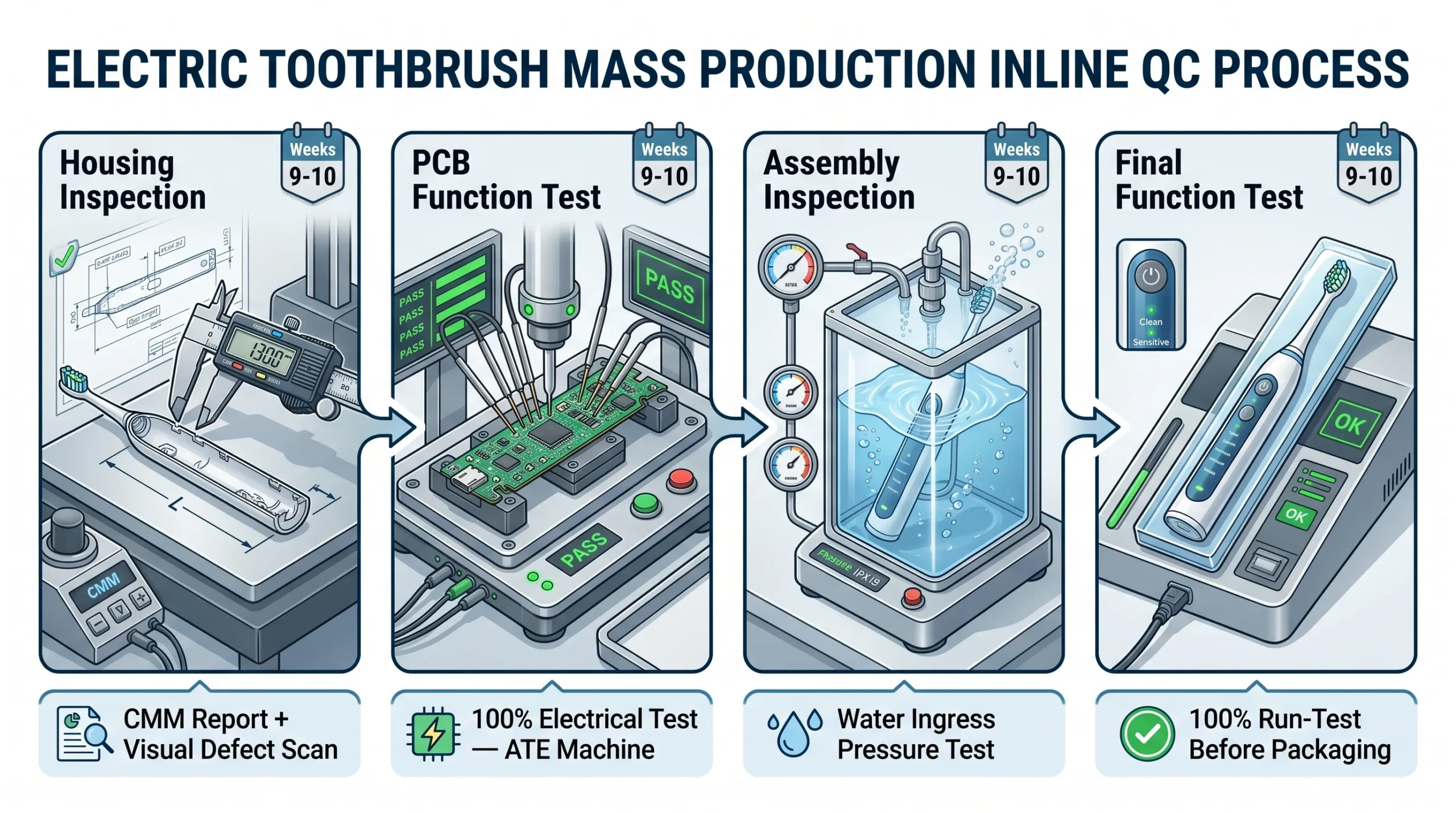 OEM Electric Toothbrush Timeline: Week-by-Week Process Guide (2026) 6 electric toothbrush mass production inline qc checkpoints assembly scaled