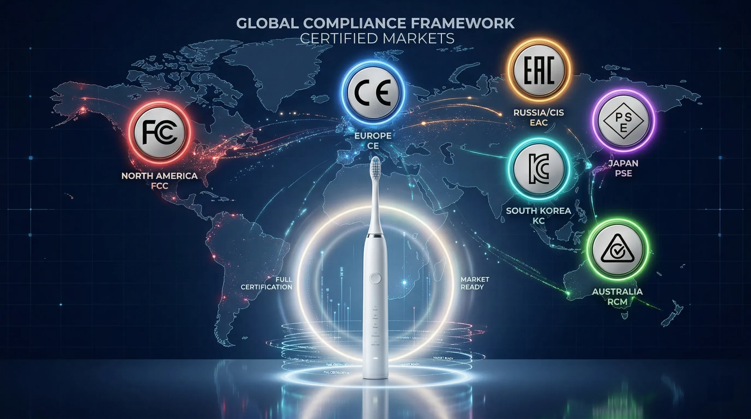 Certifications Guide for Electric Toothbrush OEM: CE, FDA, FCC & More (2026) 1 electric toothbrush oem certifications global markets hero scaled