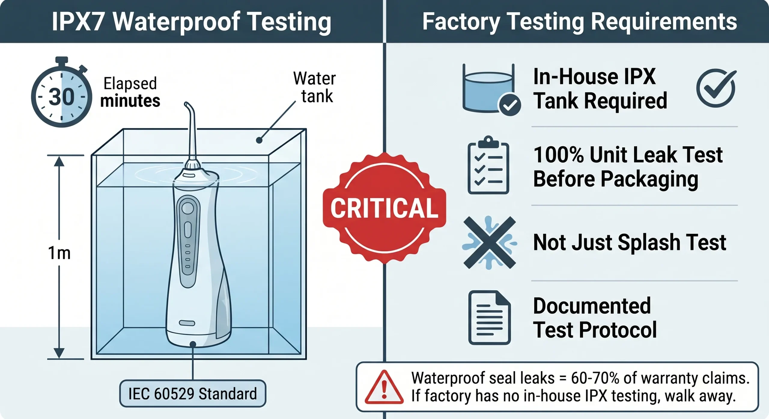 How to Choose a Water Flosser OEM Manufacturer:10-Point Checklist (2026) 4 ipx7 waterproof testing standard water flosser oem 1m 30min scaled