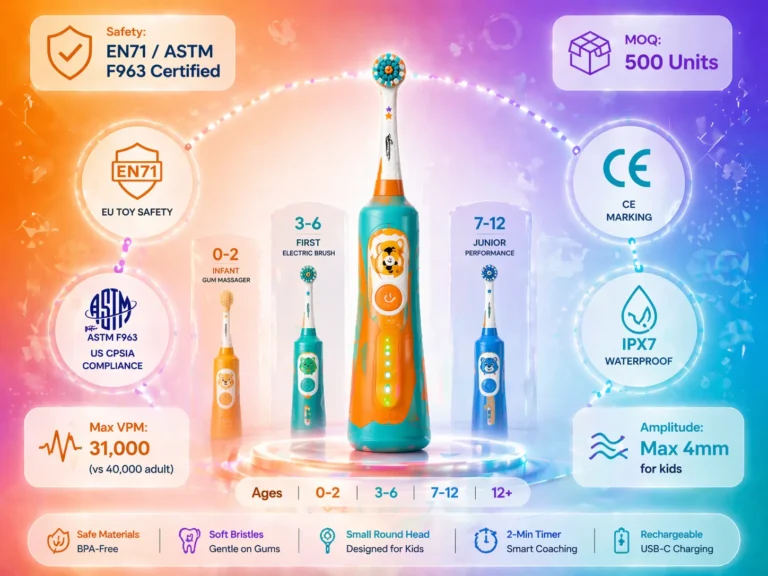 Spazzolino elettrico per bambini OEM: Spazzolino elettrico per bambini certificato secondo le norme di sicurezza EN71 e ASTM F963, con design a misura di bambino, testina da 14-18 mm, impugnatura robusta adatta alle manine, motore da 24.000-31.000 VPM (ampiezza massima 4 mm), impermeabile IPX7. Fasce d’età: 0-2 anni (massaggiagengive per neonati), 3-6 anni (primo spazzolino elettrico), 7-12 anni (modello junior ad alte prestazioni), 12+ anni (modello di transizione per adolescenti). Quantità minima ordinabile (MOQ): 500 unità. Standard di sicurezza: forza di ritenzione della testina di 50 N richiesta. Tasso di crescita annuale composto (CAGR) del mercato: 6,11 TP3T. Guida alla produzione e alla sicurezza 2026.