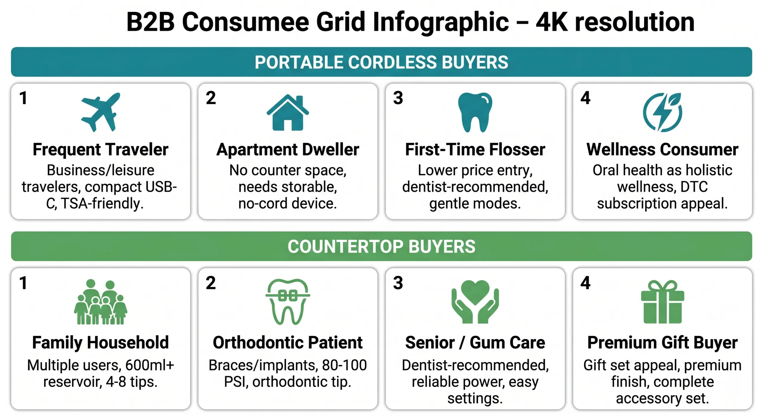 Portable vs Countertop Water Flossers: OEM Manufacturing Comparison (2026) 4 portable vs countertop water flosser buyer persona profiles scaled
