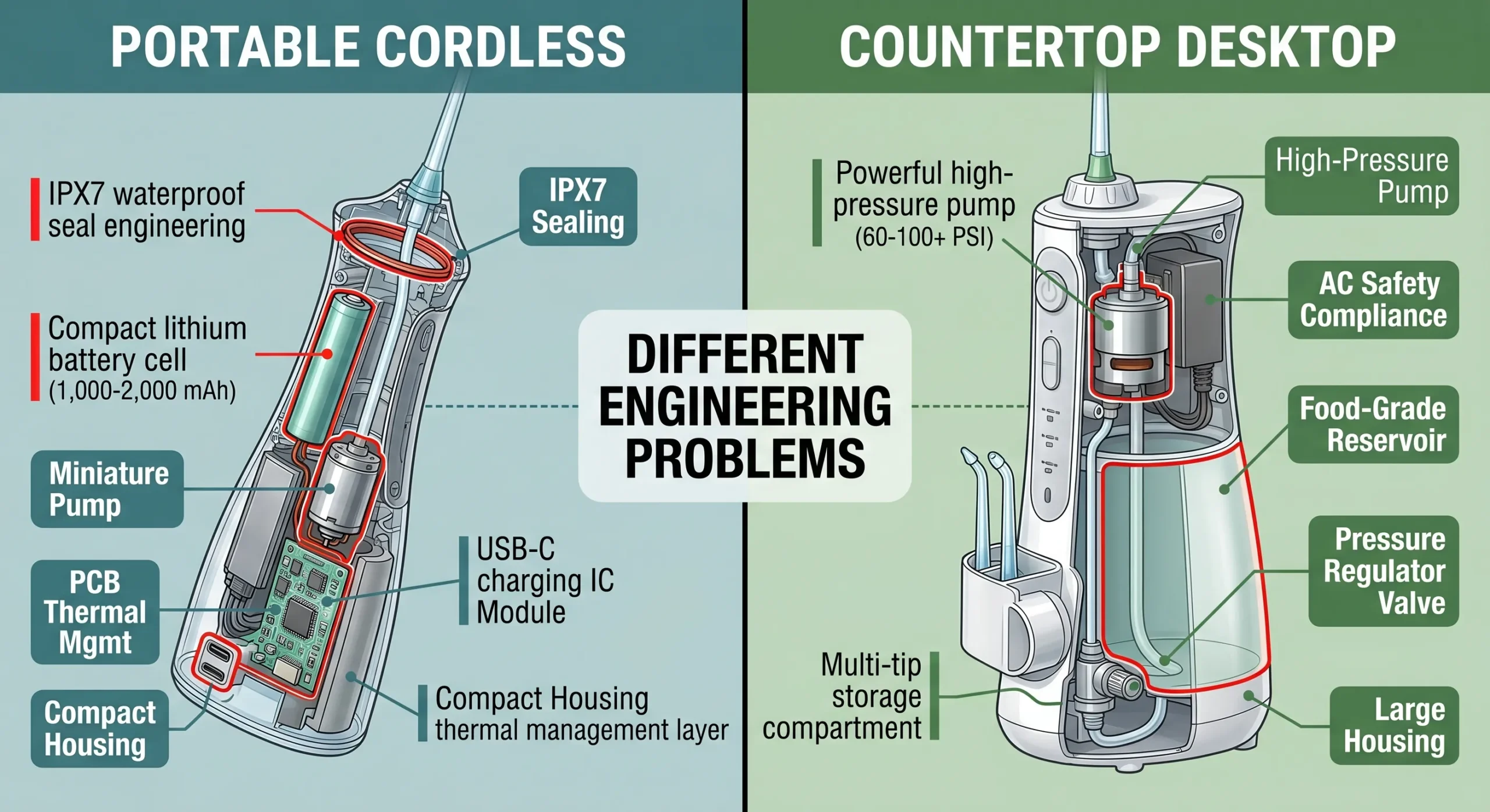 Portable vs Countertop Water Flossers: OEM Manufacturing Comparison (2026) 3 portable vs countertop water flosser internal engineering differences scaled