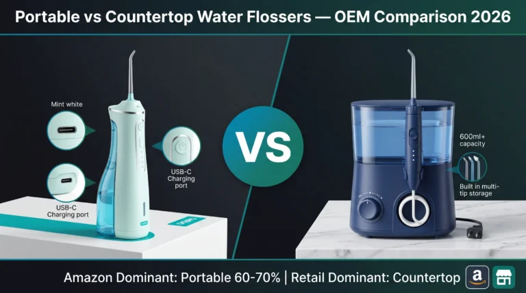 Idropulsori Portatile vs Da Tavolo: Confronto sulla Produzione OEM (2026) 11 Idropulsore portatile senza fili (compatto, IPX7, USB-C, serbatoio da 150-350 ml, 40-80 PSI, $8-12 FOB) contro idropulsore da tavolo (più grande, alimentato a corrente alternata, serbatoio da 600-1000 ml, 60-100+ PSI, $20-30 FOB) — i due principali tipi di idropulsori per le decisioni relative alle linee di prodotti dei marchi nel 2026.