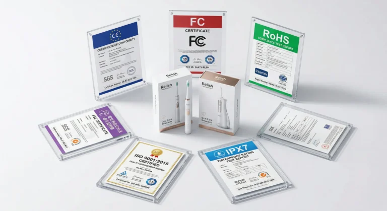 Przewodnik certyfikacji dla OEM szczoteczek elektrycznych: CE, FDA, FCC i więcej (2026) 58 Pełne portfolio certyfikatów Relish Technology wyświetlane wraz z ich elektryczną szczoteczką do zębów i flosserem wodnym: Certyfikaty CE, FCC, RoHS, IPX7, ISO 9001 i PSE z akredytowanych laboratoriów, w tym SGS, TÜV i Intertek - dostępne dla nabywców ODM.