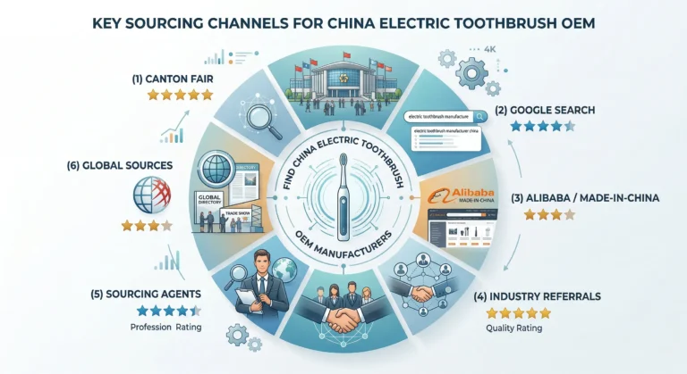 Jak znaleźć niezawodnego producenta OEM szczoteczek elektrycznych w Chinach 31 Infografika z rankingiem sześciu kanałów pozyskiwania producentów OEM elektrycznych szczoteczek do zębów w Chinach: Targi Kantońskie, wyszukiwarka Google, Alibaba, rekomendacje branżowe, agenci sourcingowi i Global Sources - oceniane według jakości i niezawodności fabryki.