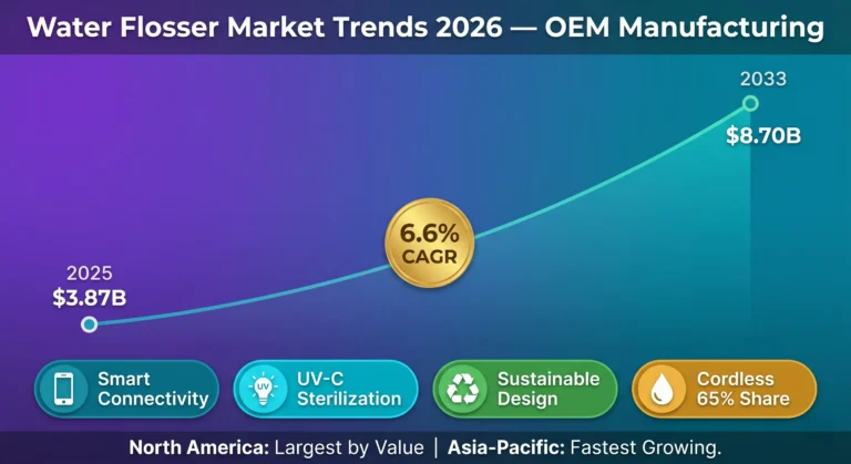 Tendenze del mercato degli idropulsori al 2026: il mercato globale passerà da $3,87 miliardi nel 2025 a $8,70 miliardi entro il 2033, con un CAGR del 6,6%. Tendenze chiave: connettività intelligente (25% di nuovi SKU), sterilizzazione delle punte con raggi UV-C (40% di adozione nel segmento premium), materiali sostenibili (30% di nuovi lanci) e modelli senza fili che dominano il 65% delle vendite negli Stati Uniti.