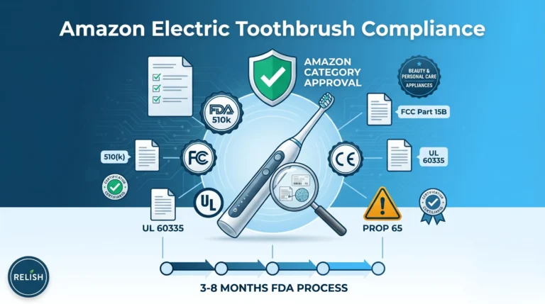 Zgodność szczoteczek elektrycznych z wymogami Amazon: Przewodnik po wymaganiach 2026 7 infografika przewodnika zgodności elektrycznych szczoteczek do zębów na Amazon, przedstawiająca wymagania certyfikacji FDA 510k, FCC, UL i proces zatwierdzania kategorii Amazon dla produktów do higieny jamy ustnej