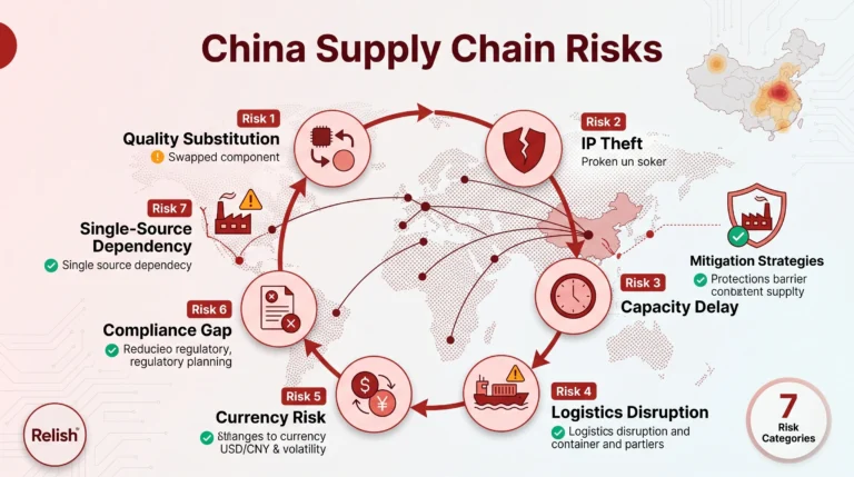 Ryzyka w łańcuchu dostaw w Chinach: 7 kluczowych zagrożeń i strategie łagodzenia 56 infografika ryzyka łańcucha dostaw w Chinach, przedstawiająca 7 kluczowych zagrożeń dla marek OEM, w tym substytucję jakości, kradzież własności intelektualnej, opóźnienia w zdolnościach produkcyjnych, zakłócenia logistyczne i strategie łagodzenia