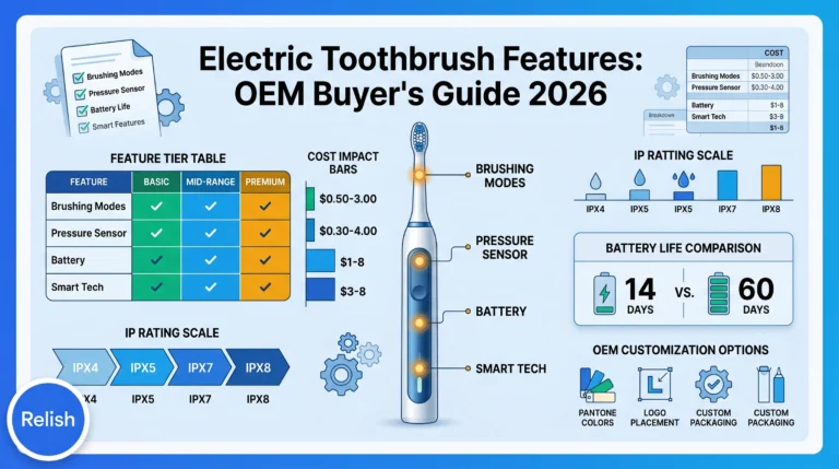 Caratteristiche dello Spazzolino Elettrico Spiegate: Cosa Devono Sapere gli Acquirenti OEM nel 2026 1 Lo spazzolino elettrico è dotato di una cover illustrativa che mostra sei funzionalità chiave tramite etichette olografiche: modalità di spazzolamento, sensore di pressione, durata della batteria, impermeabilità, app intelligente e timer a quattro fasi