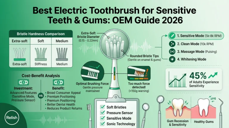 Spazzolino Elettrico per Denti e Gengive Sensibili: Una Guida Tecnica per Proprietari di Marchi 9 Spazzolino elettrico per denti sensibili con modalità delicata, sistema di arresto automatico in caso di pressione eccessiva e tecnologia a setole ultra-morbide, presentato con un rilassante bagliore bioluminescente verde e ambra per gli acquirenti OEM