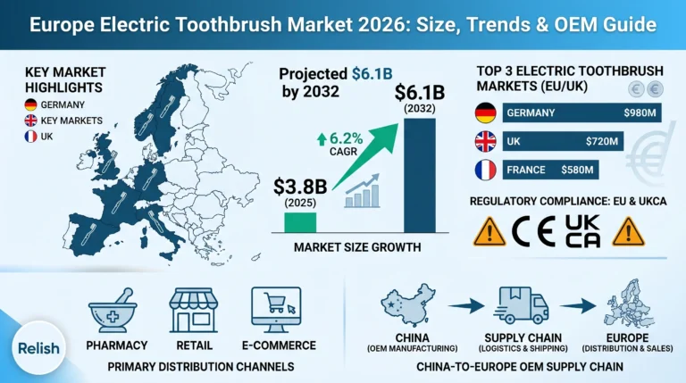 Infografica sul mercato europeo degli spazzolini elettrici che mostra un tasso di crescita annuale composto (CAGR) del 6,2% e un'analisi delle dimensioni del mercato per singolo Paese