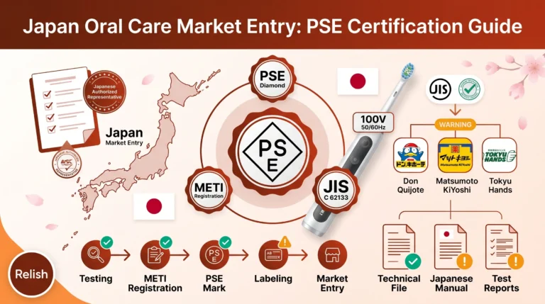 Wejście na rynek japoński produktów do pielęgnacji jamy ustnej: Przewodnik po certyfikacji PSE 2026 1 infografika japońskiej certyfikacji PSE dla elektrycznych szczoteczek do zębów, przedstawiająca certyfikację PSE, rejestrację METI, wymagania napięciowe 100 V i japońskie kanały detaliczne