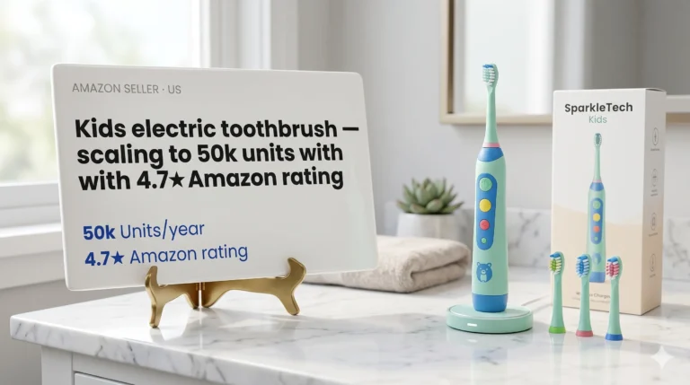 Successful Projects 4 A product display on a marble bathroom countertop featuring a light green and blue children's sonic toothbrush on a charging base, three replacement brush heads, and custom SparkleTech Kids packaging next to an information card showing retail growth metrics.