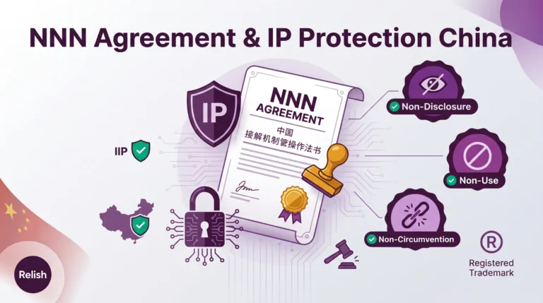 Umowa NNN i przewodnik ochrony IP: Bezpieczne pozyskiwanie z Chin 54 infografika dotycząca umowy NNN i ochrony własności intelektualnej w Chinach, przedstawiająca klauzule o nieujawnianiu, nieużywaniu i nieobchodzeniu dla produkcji w Chinach z elementami tarczy dokumentu prawnego, kłódki i rejestracji znaku towarowego