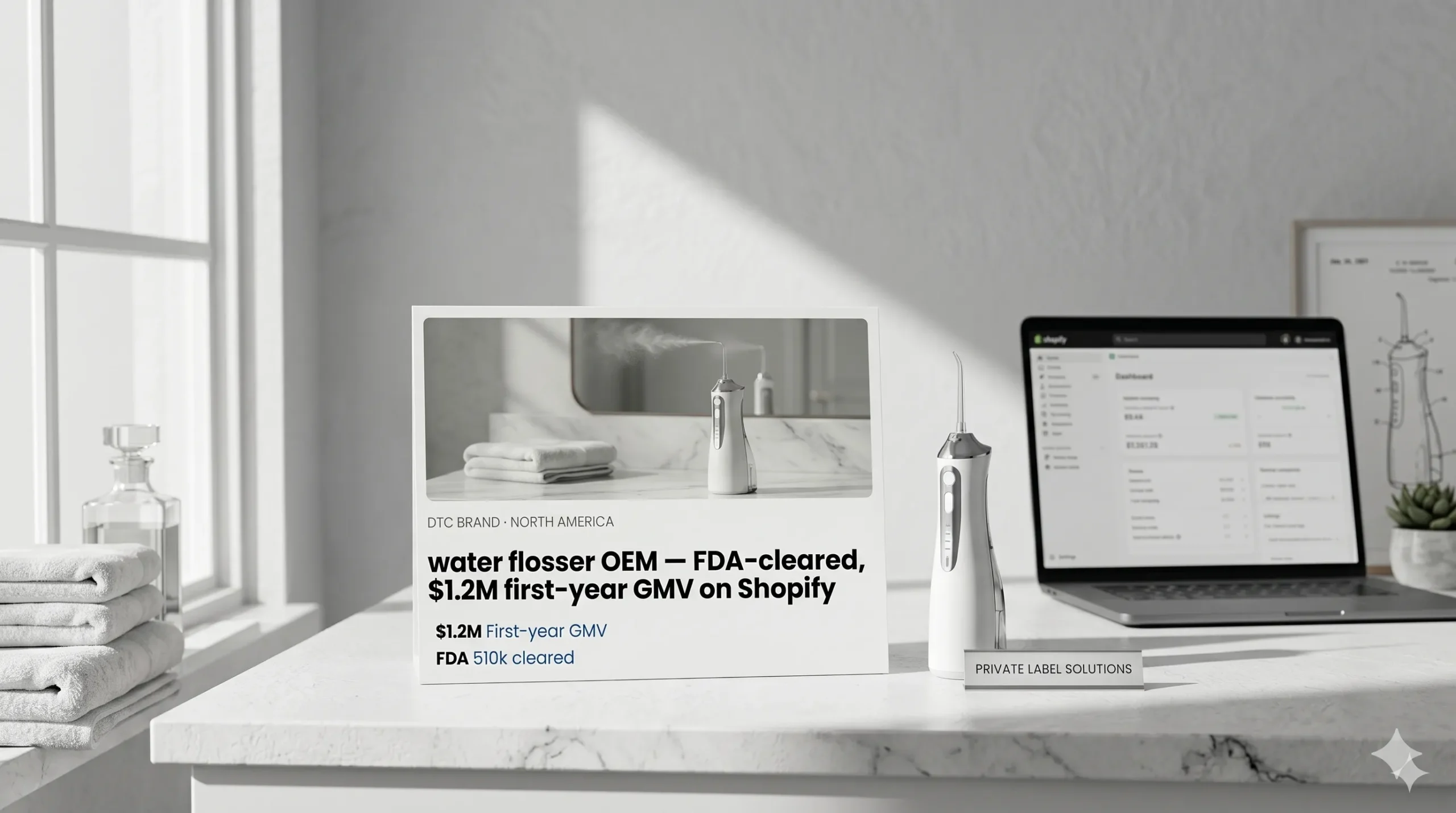 Successful Projects 2 A product display on a marble countertop featuring a sleek white and silver portable water flosser next to a display plaque and an open laptop showing a Shopify store dashboard in a brightly lit room.