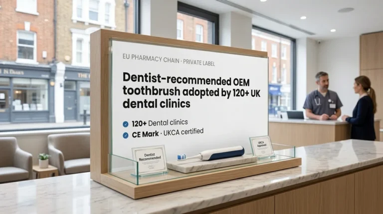 Successful Projects 6 A tabletop display inside a modern dental clinic setting, featuring a blue and white electric toothbrush on a marble base next to an informational sign with text about dentist-recommended OEM models adopted by 120+ UK dental clinics.