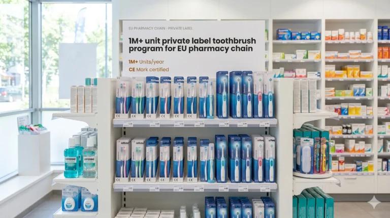 Successful Projects 3 A retail shelf display inside a brightly lit European pharmacy, filled with neatly arranged toothbrush products in custom blister packaging under a large white sign detailing a 1M+ unit private label program.