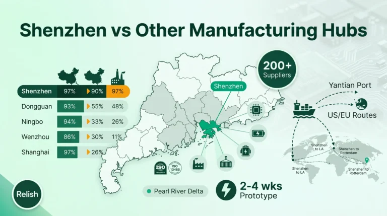 Produkcja produktów do higieny jamy ustnej w Shenzhen: Gdzie pozyskiwać OEM szczoteczek elektrycznych w 2026 29 Porównanie ośrodków produkcji szczoteczek do zębów w Shenzhen - infografika przedstawiająca 5 chińskich miast dla producentów OEM elektrycznych szczoteczek do zębów z gęstością łańcucha dostaw, dostępem do portów i analizą możliwości badawczo-rozwojowych