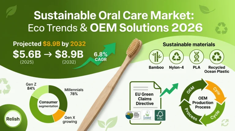 Infografica sul mercato dell'igiene orale sostenibile che illustra una previsione di 8,9 miliardi, un CAGR del 6,8% e un'analisi dei materiali ecocompatibili