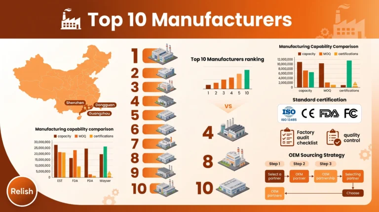 Infografica sui 10 principali produttori di spazzolini elettrici in Cina, con classifiche comparative e guida all’approvvigionamento OEM