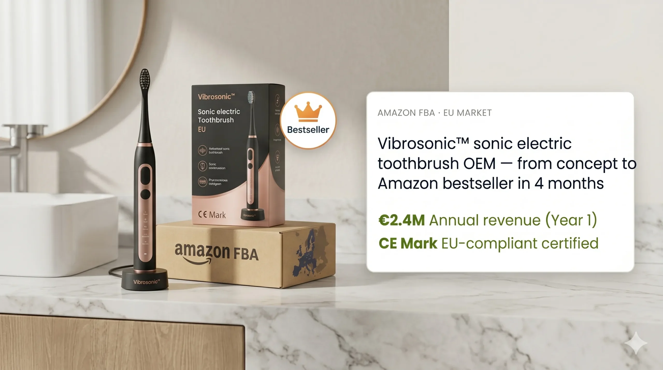 Successful Projects 1 A product display on a marble countertop showcasing a black and rose gold sonic electric toothbrush on a charging base, its retail packaging marked with CE Mark, and an Amazon FBA shipping box with a map of Europe next to a data board.