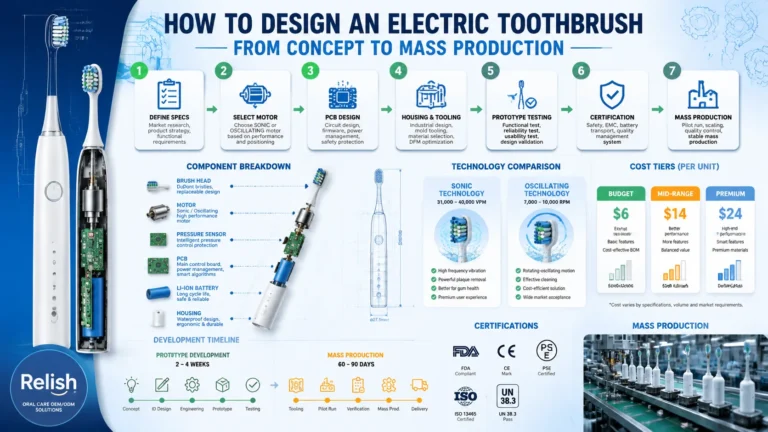 Jak zaprojektować szczoteczkę elektryczną: Od koncepcji do produkcji masowej 27 Infografika projektowania szczoteczki elektrycznej pokazująca 7-etapowy proces od koncepcji do produkcji masowej z komponentami, kosztami i certyfikatami